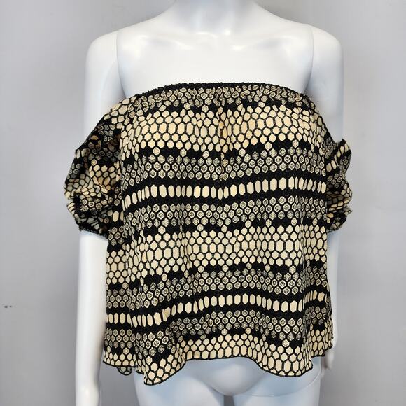 Merritt Charles x Revolve Off Shoulder Blouse Size XS 100% Silk Black Tan Geo - Picture 1 of 16